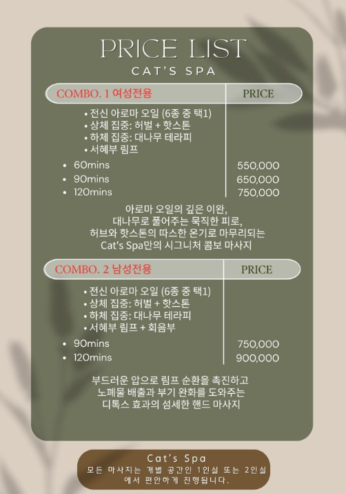 다낭 캣츠스파 가격표